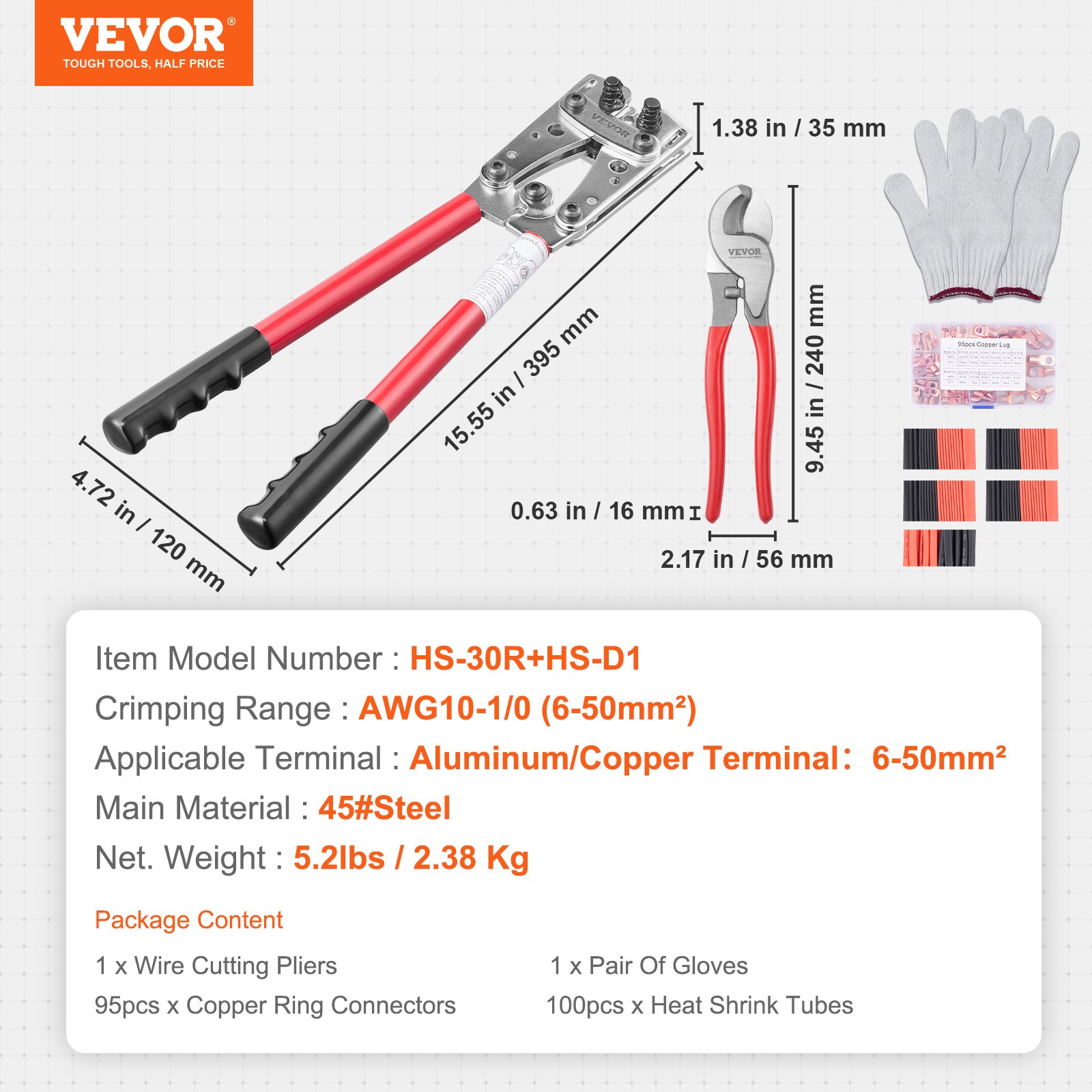 VEVOR Crimping Tool, AWG Copper And Aluminum Terminal Battery Lug Crimper, 6 Wire Sizes Crimping Die, With A Cutting Pliers, Gloves, 95pcs Copper Ring Connectors, And 100pcs Heat Shrink Tubes