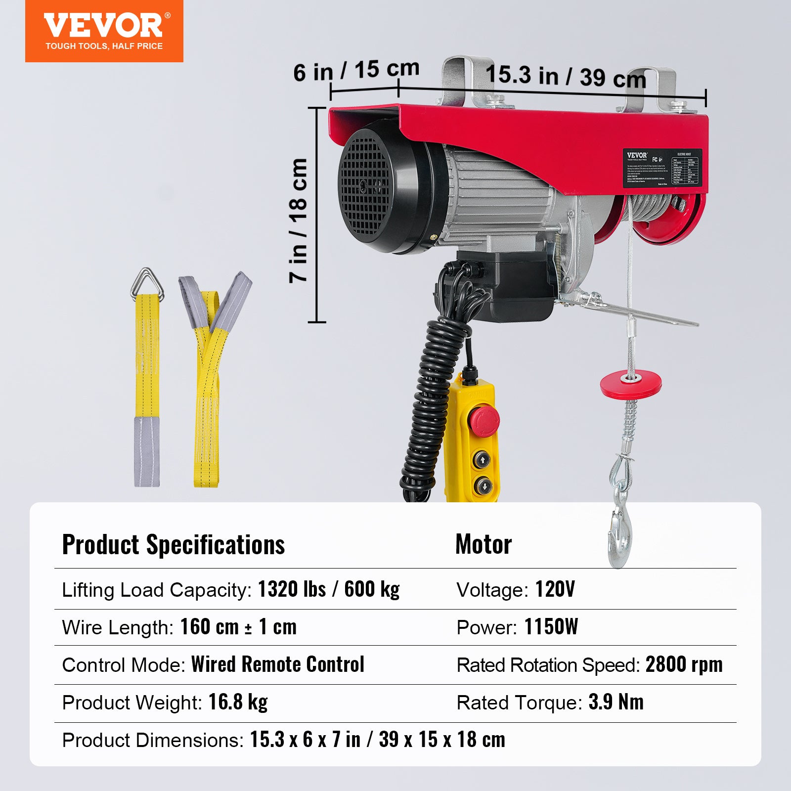 VEVOR Electric Hoist, 1320 Lbs Lifting Capacity, 1150W 110V Electric Steel Wire Winch With 14ft Wired Remote Control, 40ft Single Cable Lifting Height & Pure Copper Motor, For Garage Warehouse Factory